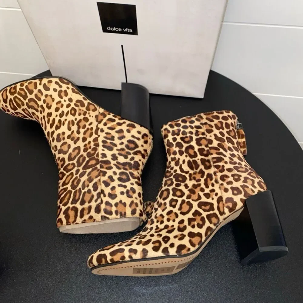 Dolce Vita Women's Booties Cyan Calf Hair Dark Leopard Block Heel Size 8.5